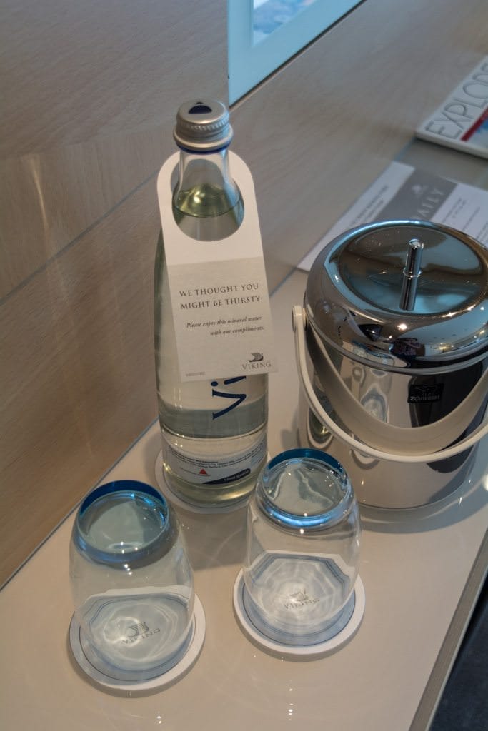 Bottled water is replenished daily in staterooms....Photo © 2016 Aaron Saunders