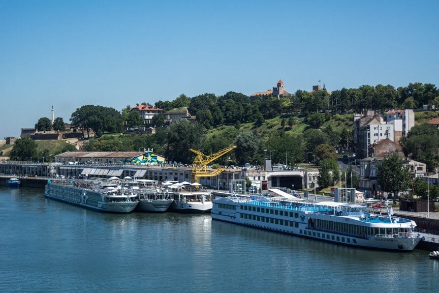 Viking Embla, and a flotilla of other river cruise ships, docked in the heart of Belgrade on the River Sava. Photo © 2016 Aaron Saunders