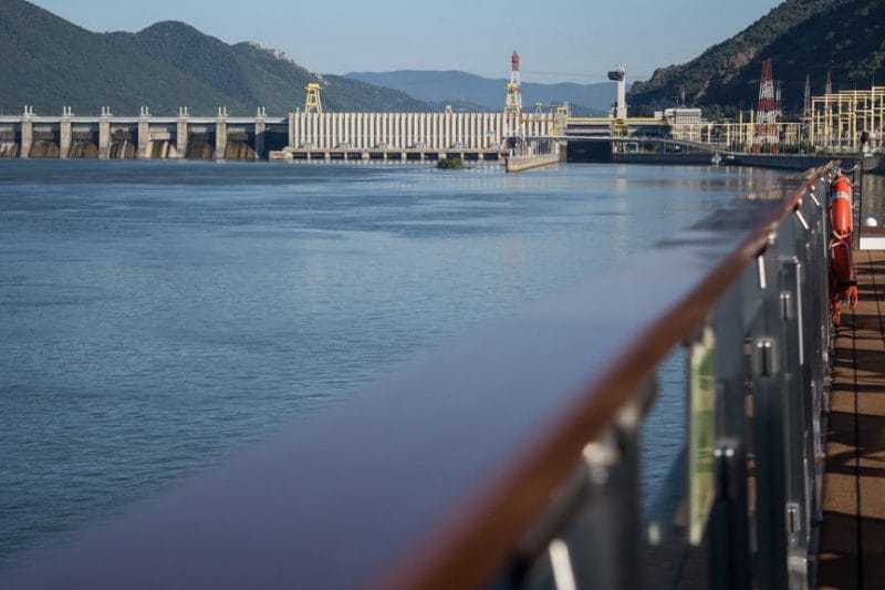 The Djerdap Power Station and locks come into view shortly after 7:00 this morning aboard Viking Embla. Photo © 2016 Aaron Saunders