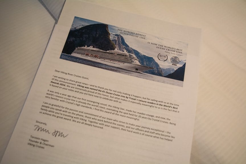 A letter delivered to our staterooms announcing Viking has just claimed the title of "World's Best Ocean Cruise Line" from Crystal Cruises, which has won the award every year since 1996. Photo © 2016 Aaron Saunders