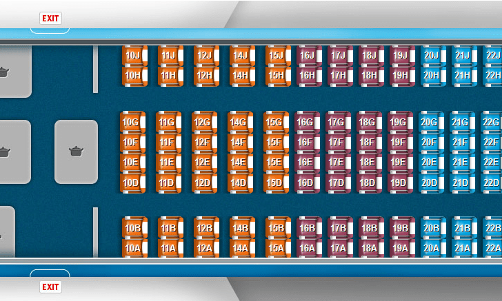 KLM Airbus A330-300 seat map showing Economy Comfort (orange), Preferred (purple), and Economy Class (blue) seating choices. 