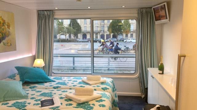 My stateroom on Cyrano de Bergerac, docked in Bordeaux. © 2016 Ralph grizzle